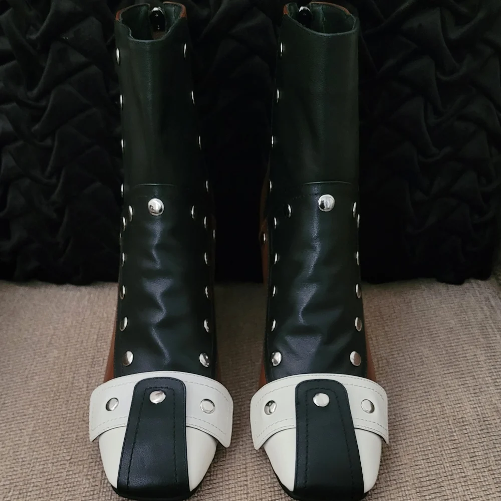 JOCHEBED HU GENUINE LEATHER RETRO STUDDED COLORBLOCK BOOTIES